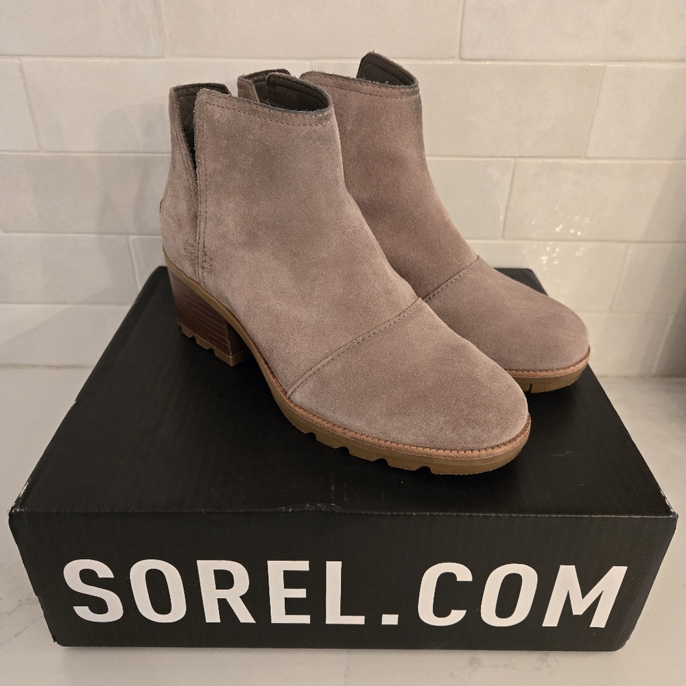 Sorel Cate Cut-Out Bootie Ankle Boot Block Heel Waterproof Leather Gray Beige 7 - Picture 3 of 8